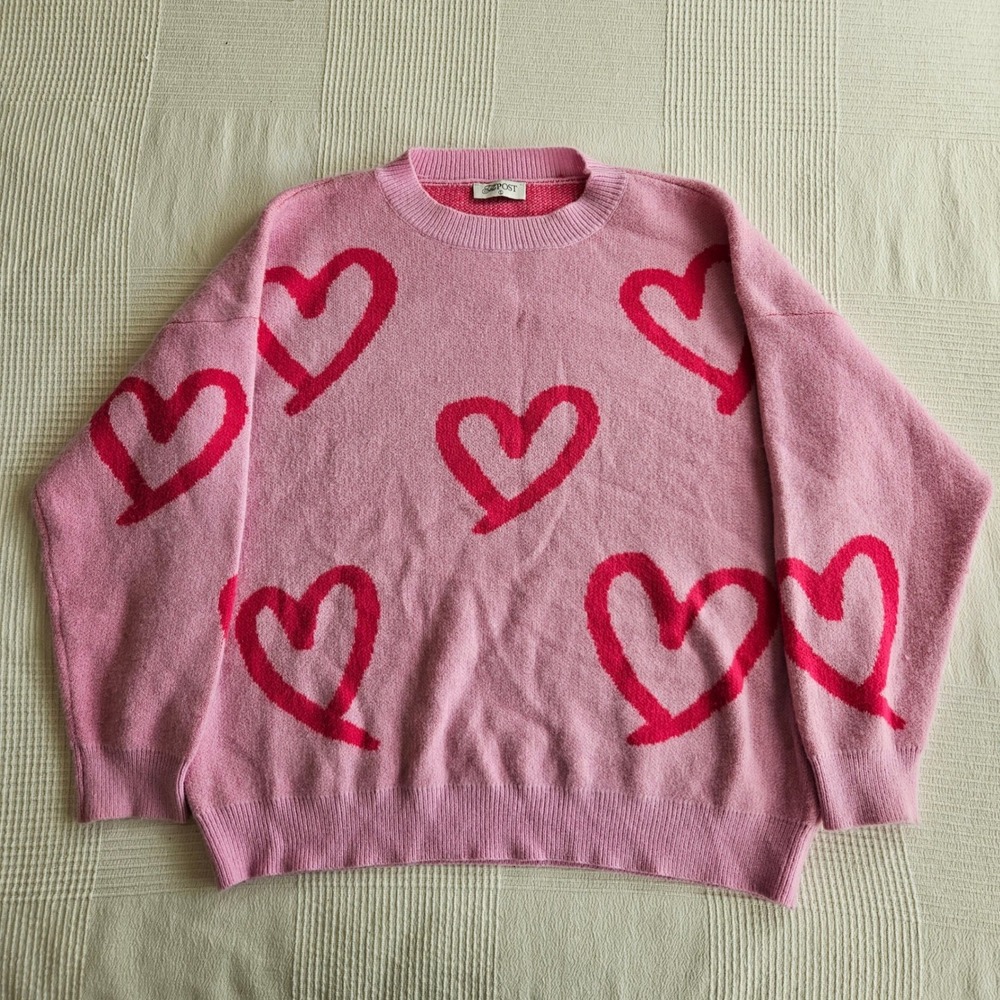 The Post Pink Red Heart Oversized Knit Crewneck Sweater AOP Barbiecore Womens L